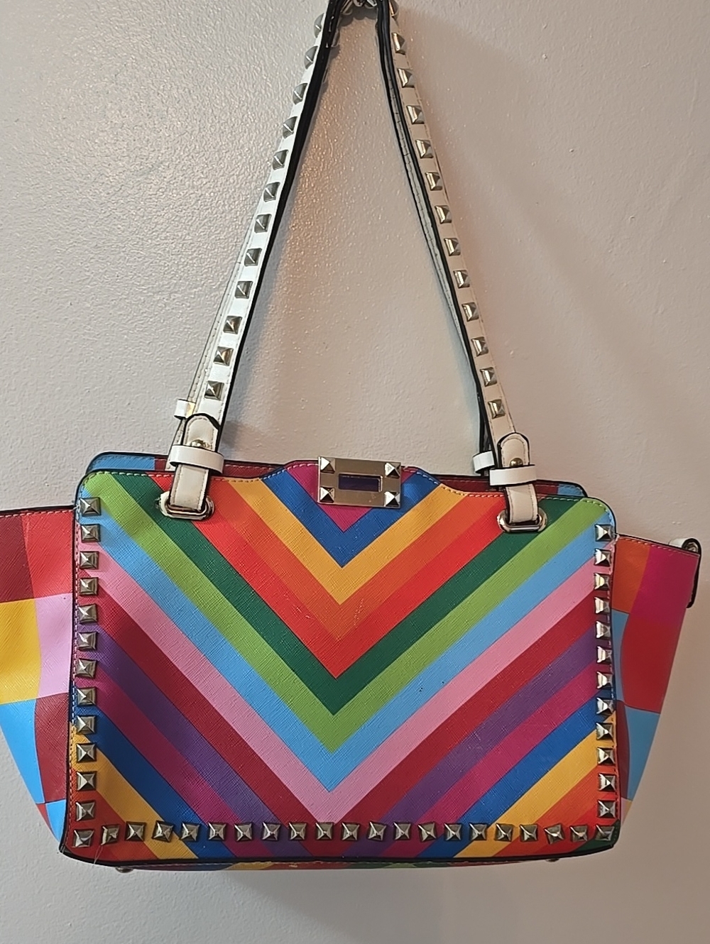 Rainbow Chevron Studded Tote Shoulder Bag - Multicolor